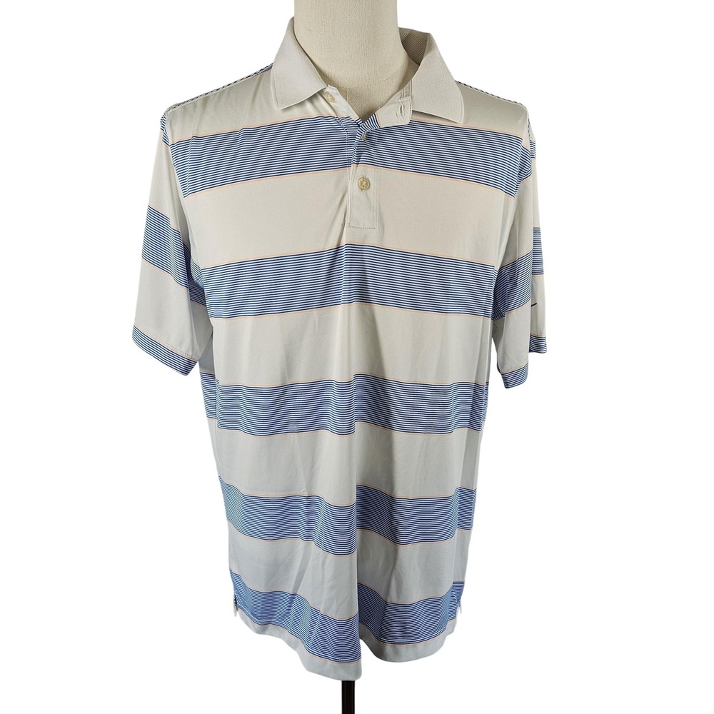 Nike Golf Polo Shirt Mens Large White Blue Striped Dri-Fit Performance
